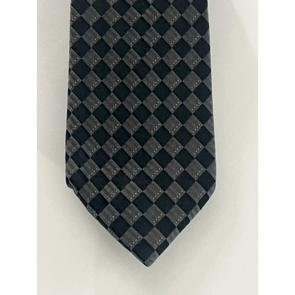 Calvin Klein Men's Necktie Black Gray Checkered Geometric 100% Silk